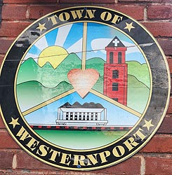 [photo, Town Seal on Municipal Building, 107 Washington St., Westernport, Maryland]